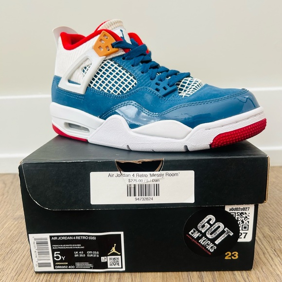 Jordan Kids Retro 4 Messy Room Sneakers in Navy and Red - Picture 4 of 15